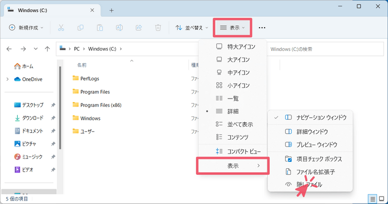 隠しファイルを表示